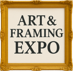 Gold ornate frame around text reading “ART & FRAMING EXPO” on a light background