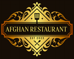 Gold and black Afghan Restaurant logo with ornate emblem and “EST 2023” text
