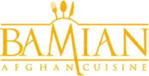 Bamian Afghan Cuisine logo in gold text with a stylized dome and utensils above
