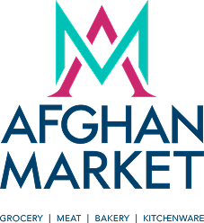Afghan Market logo with teal and pink stylized M and blue text: grocery, meat, bakery, kitchenware