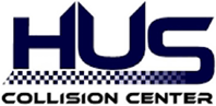 HUS Collision Center logo in blue and black on a white background