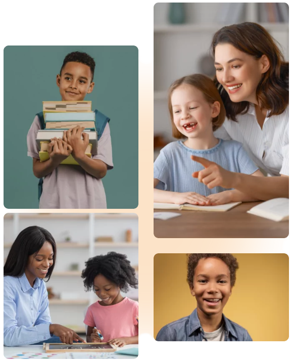 A woman is helping a child with his homework and a boy holding a stack of books 