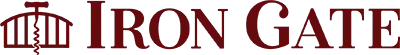 Iron Gate logo with a maroon gate icon and text on a white background