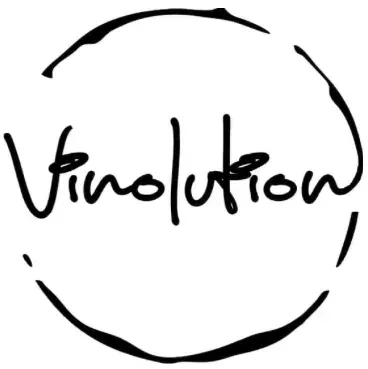 Black handwritten “vinolution” logo inside a rough black circular outline on a white background