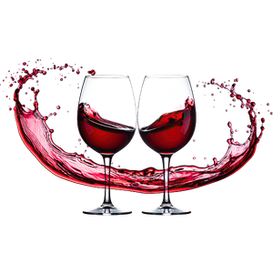 Two wine glasses with red wine amid a splashing red swirl on a white background