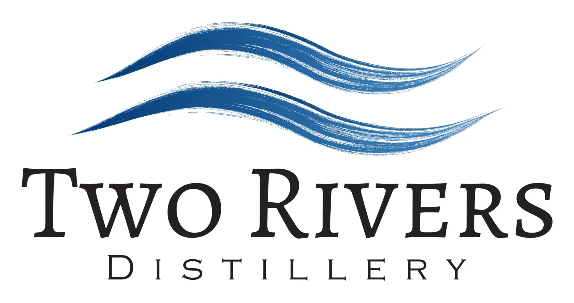 Two Rivers Distillery logo with blue flowing river lines above black text on a white background