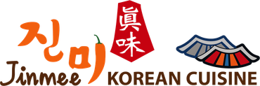 Jinmee Korean Cuisine logo with orange Korean lettering, red emblem, and stylized roof icon