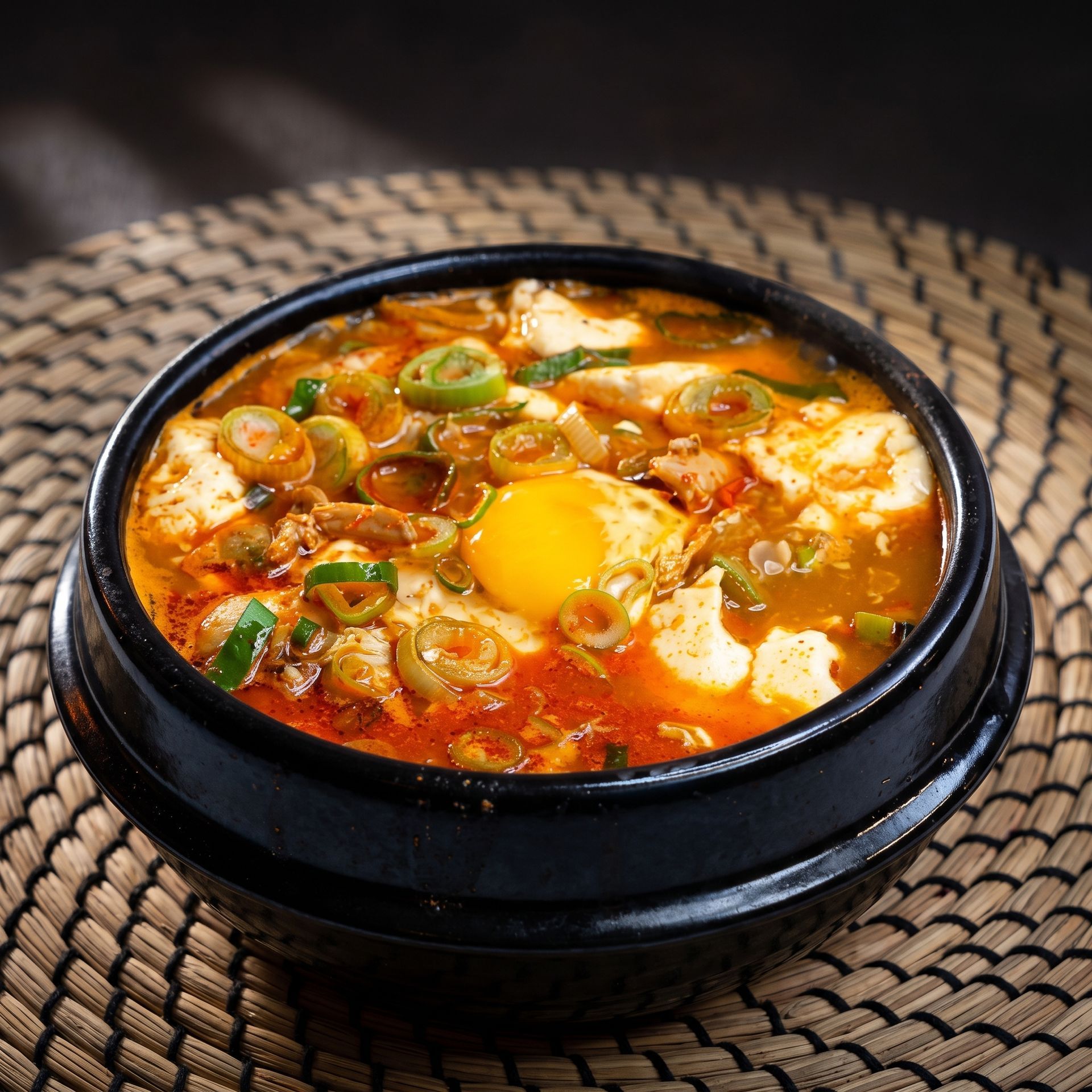 Korean-style tofu stew with egg, scallions, and chili broth in a black stone bowl