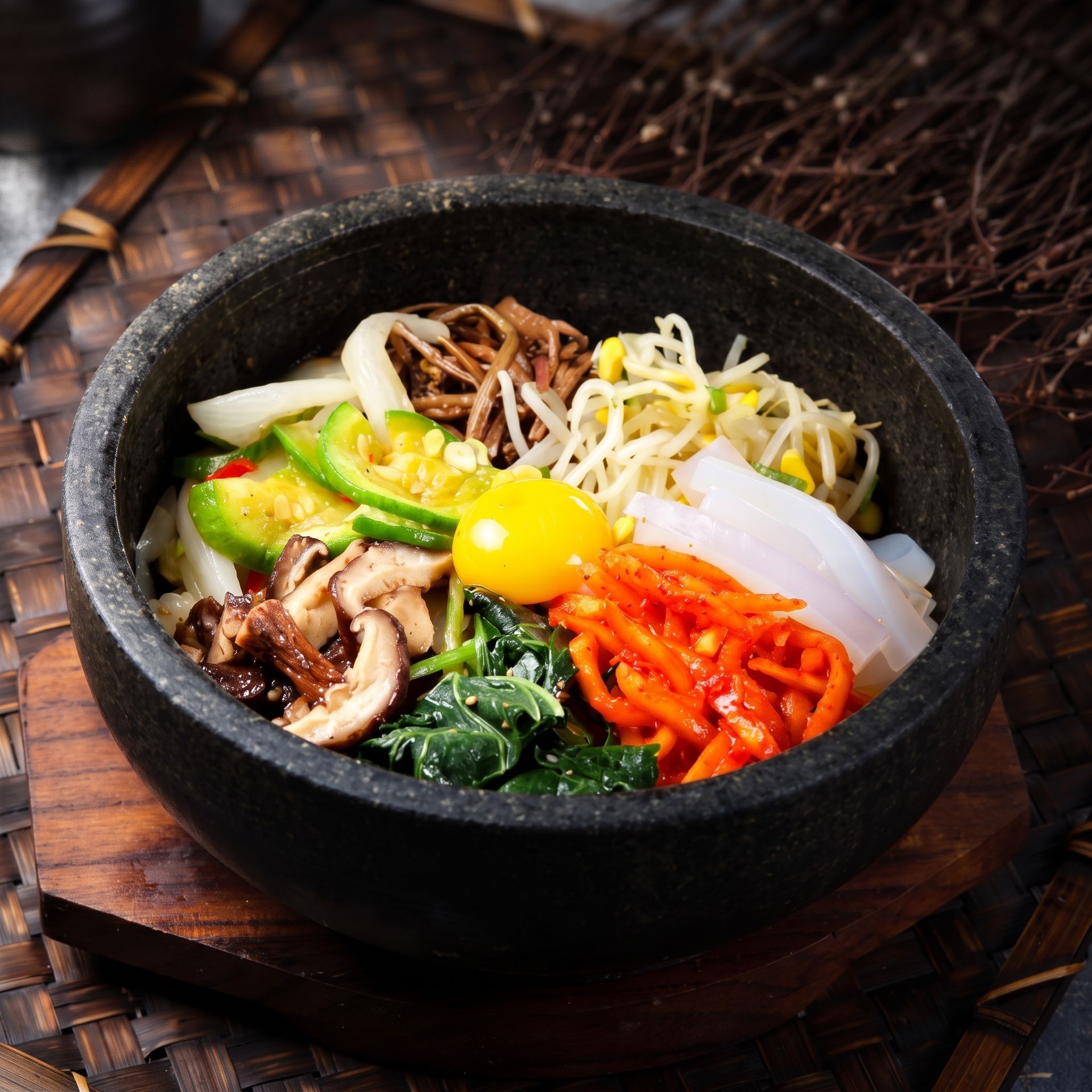 Bibimbap in a black stone bowl with colorful vegetables, egg yolk, mushrooms, and rice