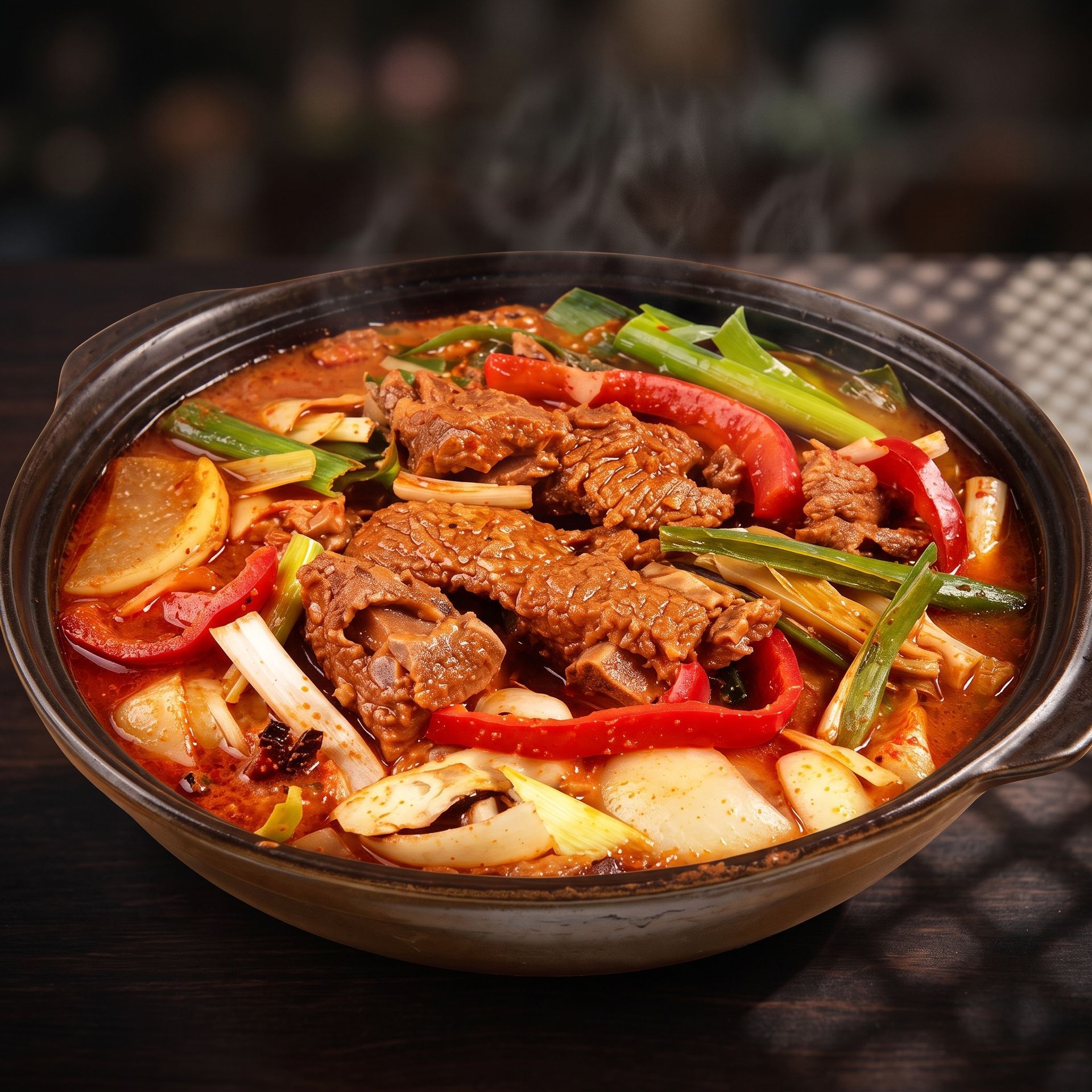 Spicy beef noodle soup with vegetables in a black bowl
