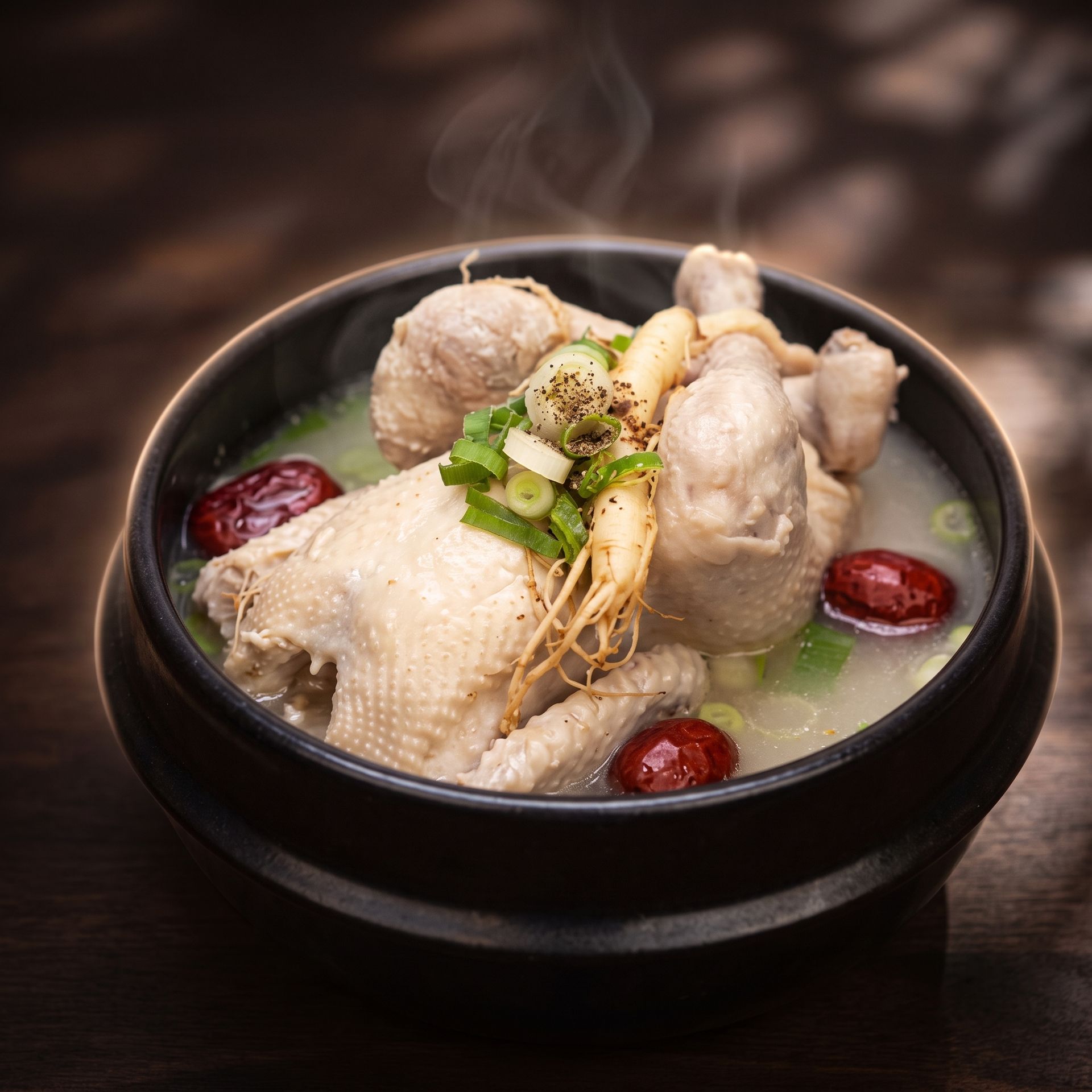 Steam bowl of chicken soup with herbs and red dates in a black pot