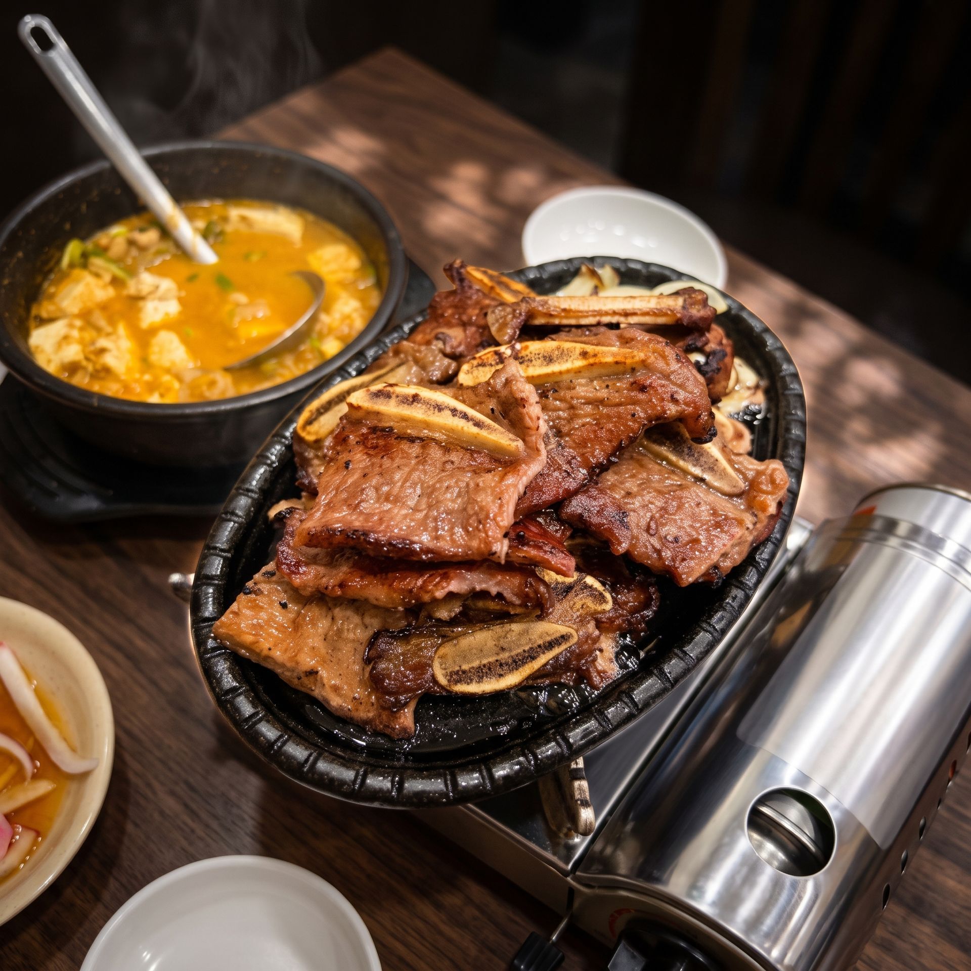 Grilled short ribs and soup in black bowls on a restaurant table with utensils and a stainless cup