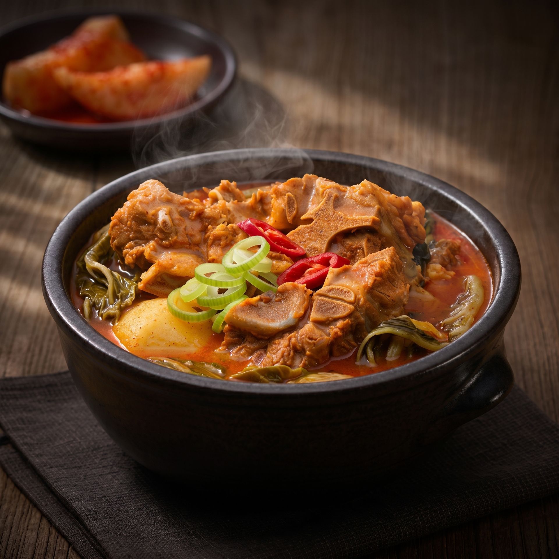 Steaming Korean stew with beef and vegetables in a black bowl, garnished with scallions and red chili slices