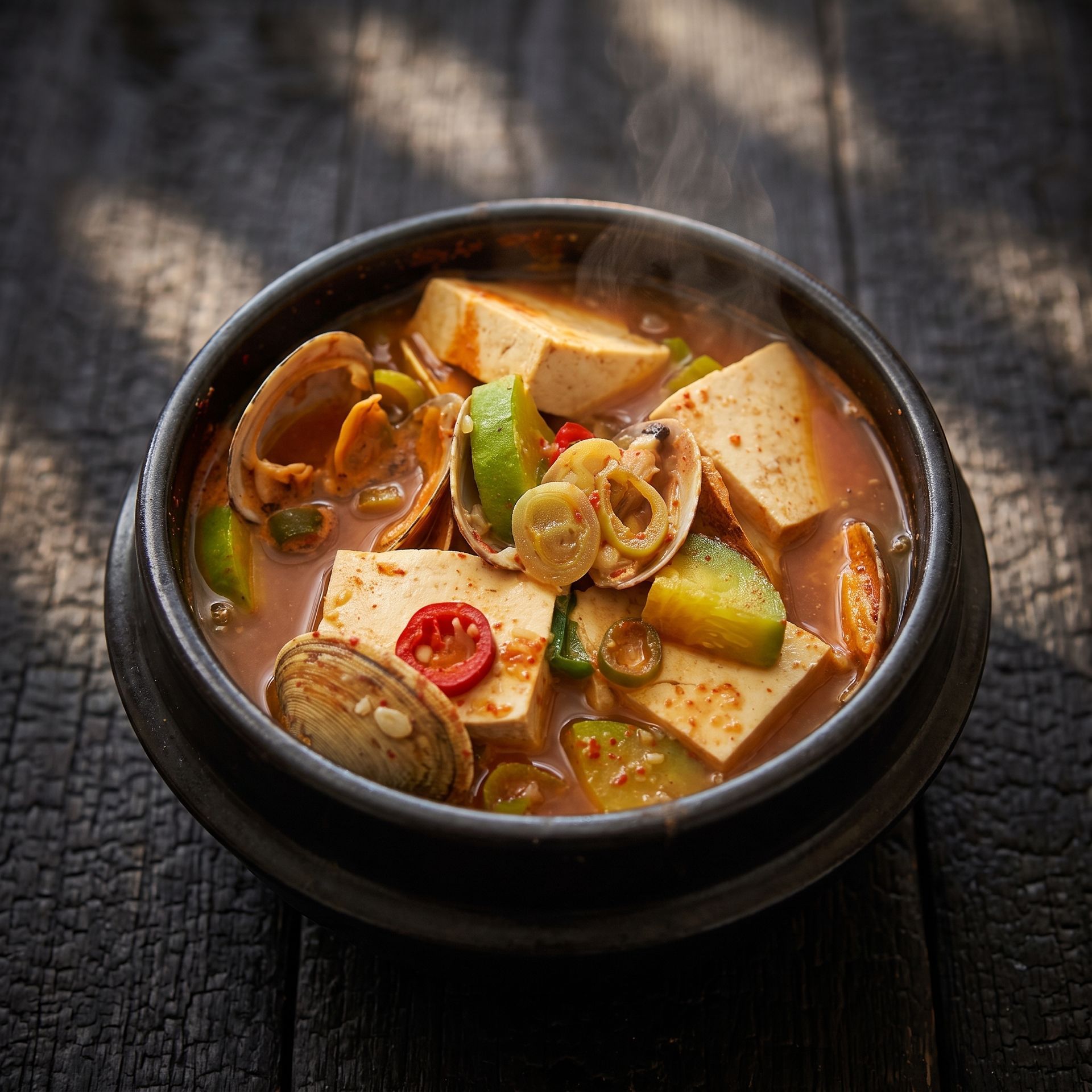 Spicy tofu stew in a black bowl, topped with vegetables and chili slices on a dark wooden table