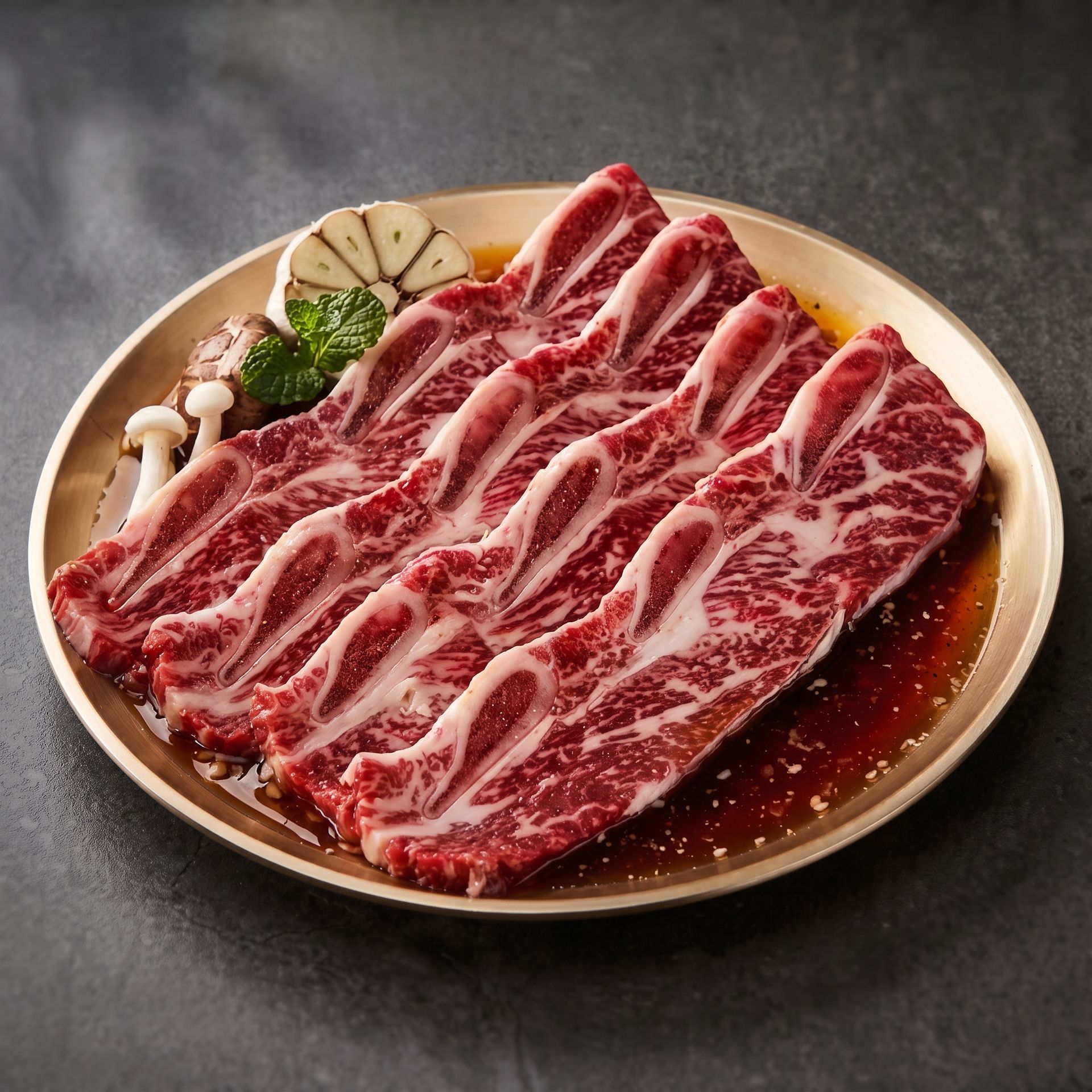 Plate of marbled raw beef slices with garnish, arranged on a brown dish