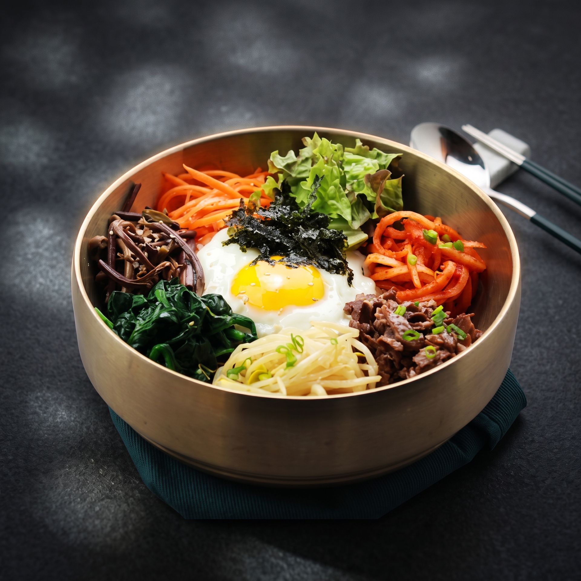 Bowl of bibimbap with colorful vegetables and a fried egg on a dark table