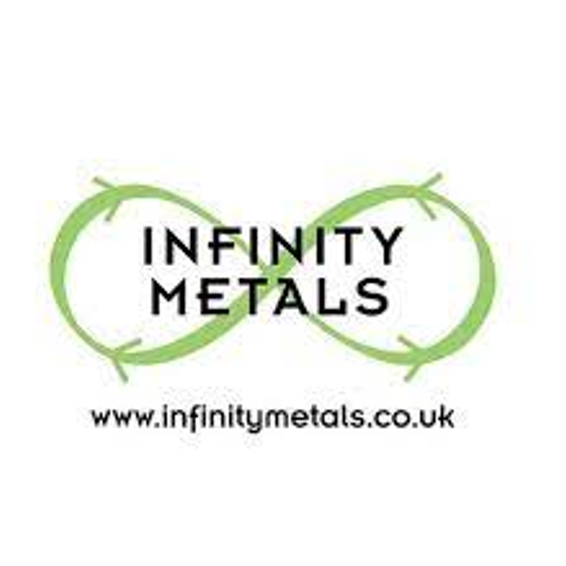 The logo for infinity metals is a green infinity symbol with arrows.
