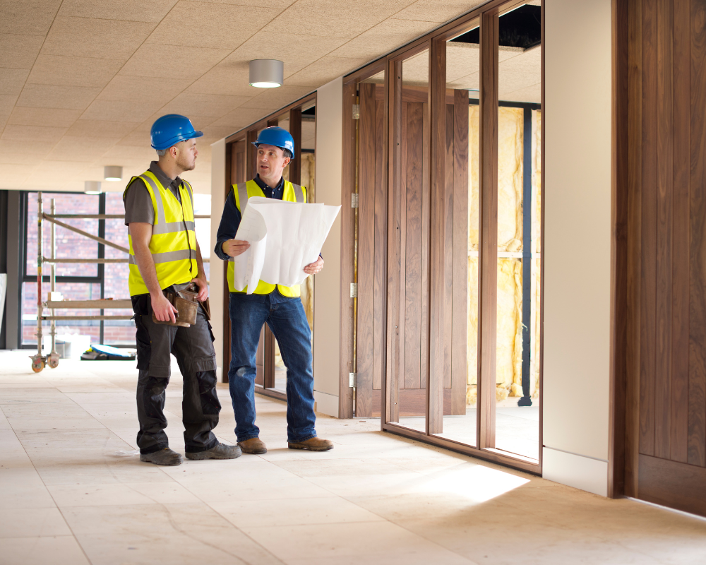 Two construction workers in a building