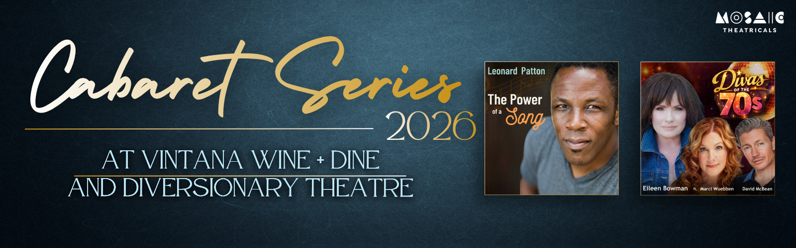 A promotional graphic for the 2026 Cabaret Series, displaying five event posters featuring individual performers on a blue.