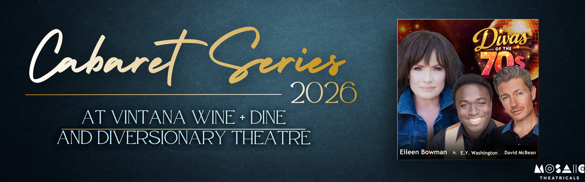 A promotional graphic for the 2026 Cabaret Series, displaying five event posters featuring individual performers on a blue.