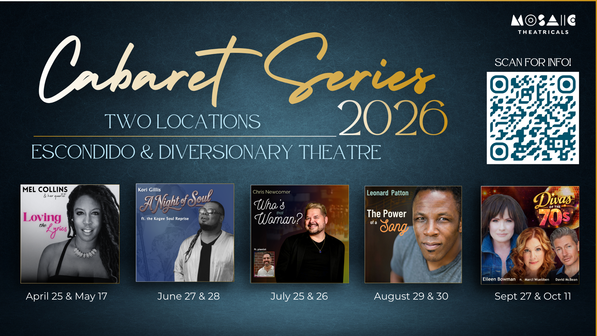 A promotional graphic for the 2026 Cabaret Series, displaying five event posters featuring individual performers on a blue.