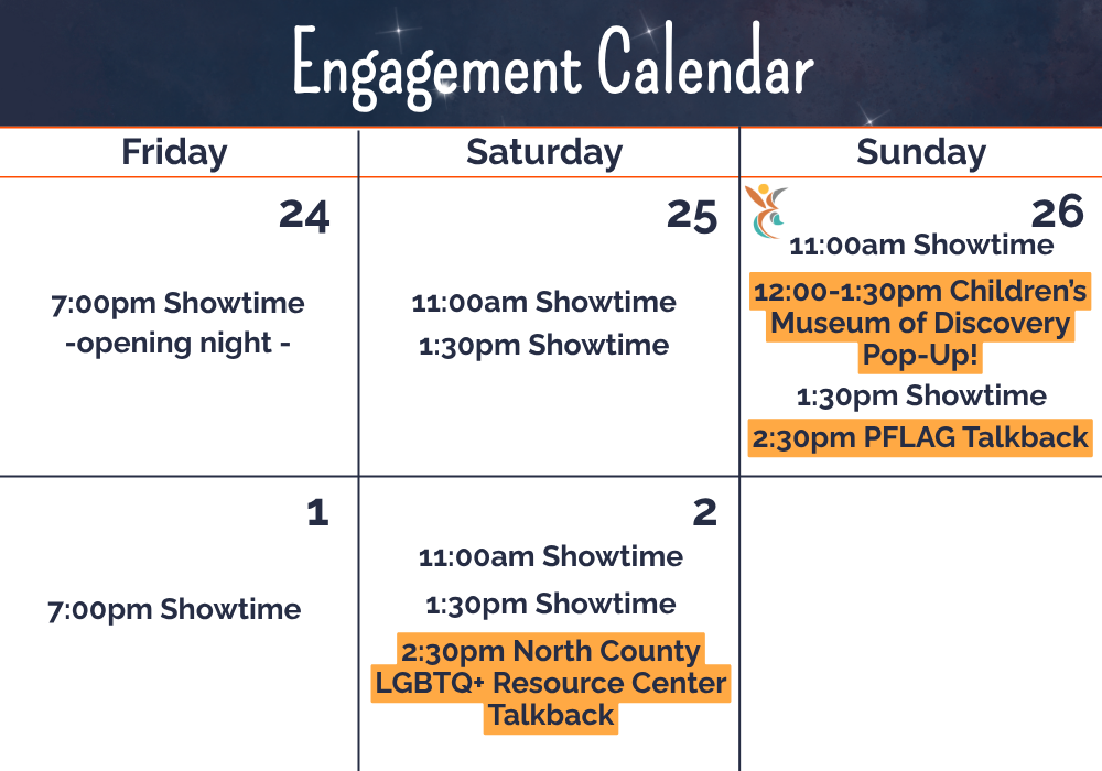 Engagement calendar with Friday-Sunday events listed in blue, orange, and black text boxes