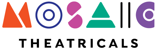 Logo for Mosaic Theatricals; colorful geometric shapes spelling out the name above the word 