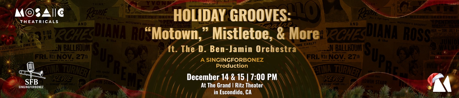 Motown musical poster with a singer on stage, vintage concert backdrop.