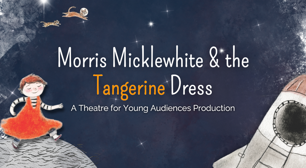 Illustration for a play, featuring a child in an orange dress on a moon. Stars and a rocket are in the background.