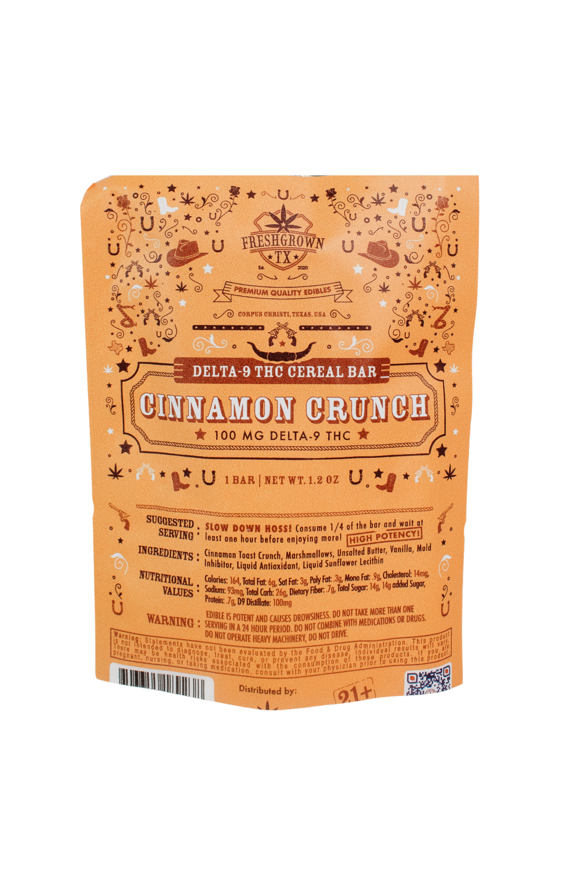 Freshgrown TX Cinnamon Crunch 100mg Delta-9 THC Cereal Bar cereal bar and package front view