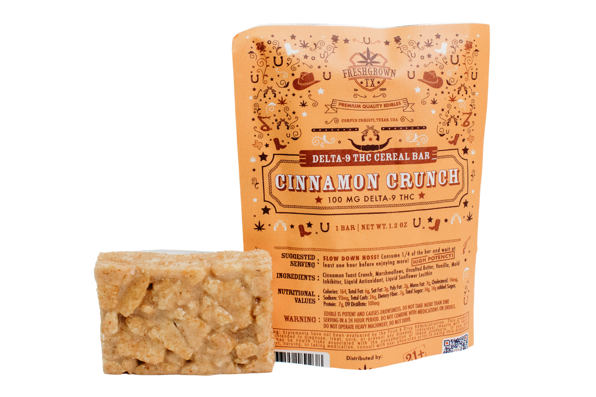 Freshgrown TX Cinnamon Crunch 100mg Delta-9 THC Cereal Bar cereal bar and package front view
