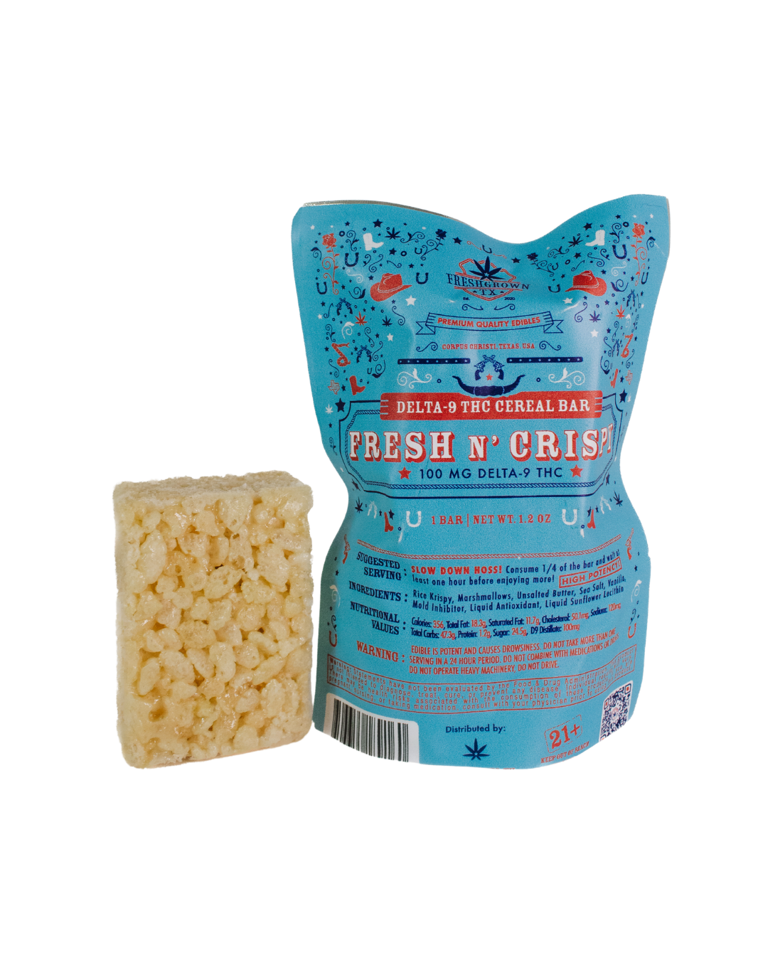 Freshgrown TX Fresh N’ Crispy 100mg Delta-9 THC Cereal Bar cereal bar and package front view