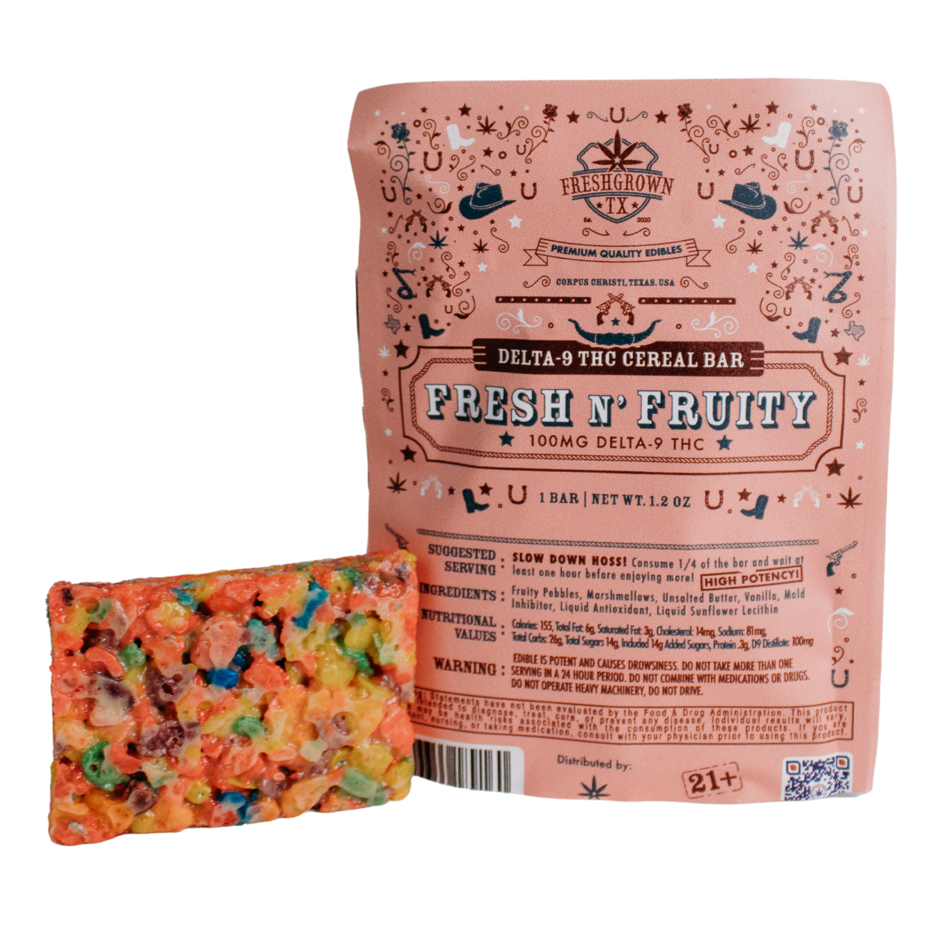 Freshgrown TX Fresh N’ Fruity 100mg Delta-9 THC Cereal Bar cereal bar and package front view