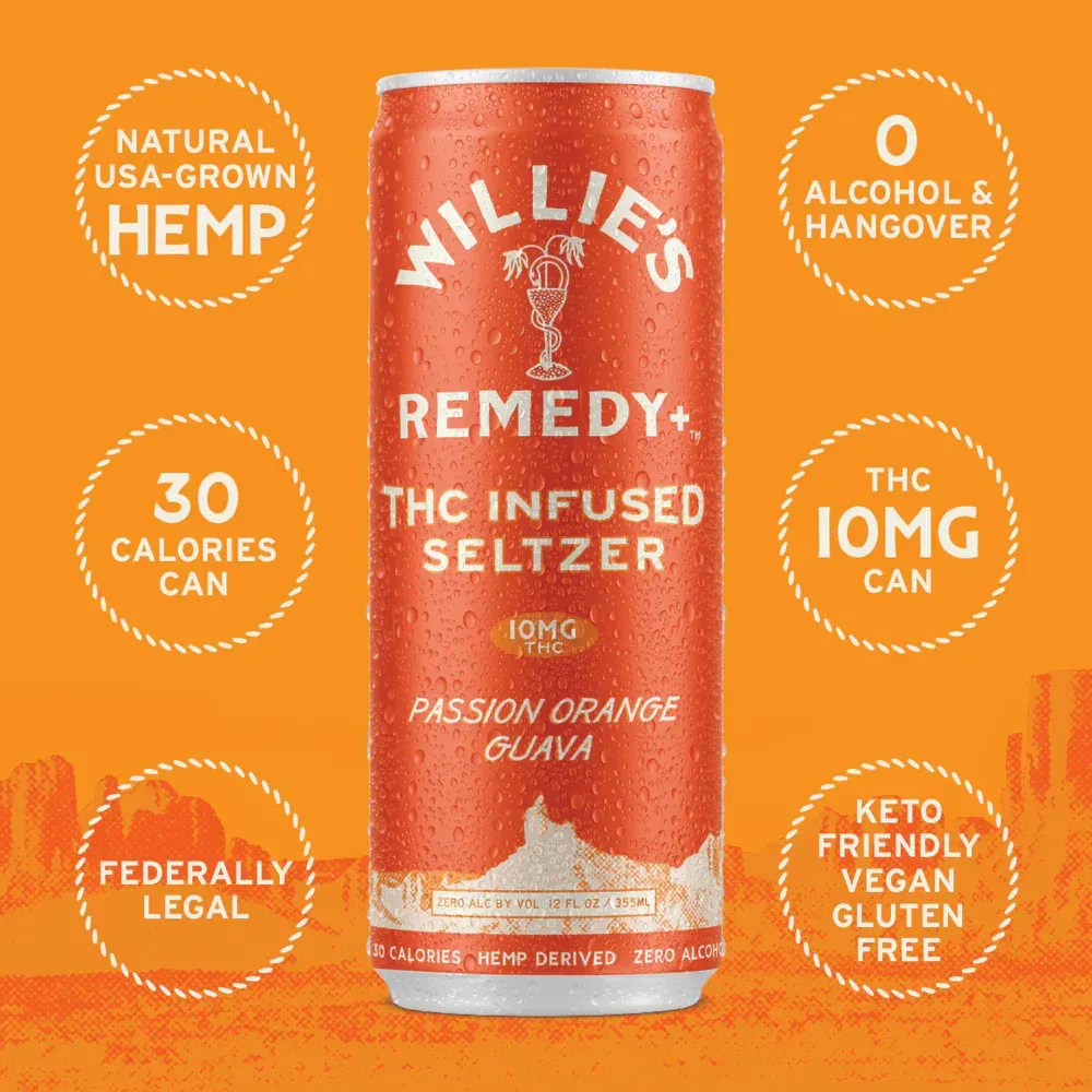 Willie's Remedy+ Passion Orange Guava – 10mg THC drink can
