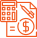Icône orange représentant une calculatrice, un document avec un stylo et un symbole dollar à l'intérieur d'un cercle.