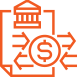 Une icône en forme de ligne orange représentant un bâtiment de banque au-dessus d'un symbole dollar, avec des flèches pointant vers l'intérieur et vers l'extérieur.
