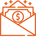 Icône orange au trait représentant un billet d'un dollar dans une enveloppe ouverte, avec quatre petits symboles scintillants au-dessus.