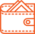Icône orange au trait représentant un portefeuille ouvert contenant de l'argent.