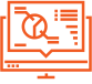 Icône orange au trait représentant un écran d'ordinateur affichant un graphique circulaire et une liste de données.
