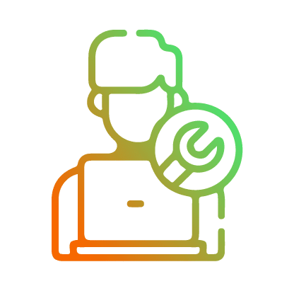A gradient-colored icon of a person working on a laptop with a wrench symbol superimposed, representing technical support.
