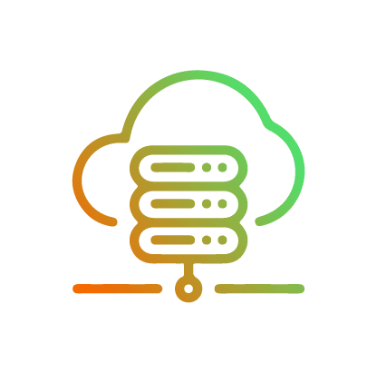 An orange to green gradient icon of a server rack centered inside a cloud outline, symbolizing cloud computing or hosting.