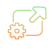 Une icône d'engrenage intégrant une flèche pointant vers l'extérieur, avec un contour dégradé vert-orange sur fond blanc.