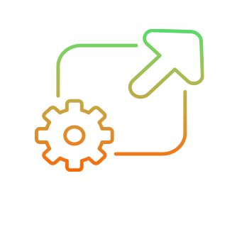 A gradient-colored icon of a gear superimposed on a rectangle with an outward-pointing arrow.