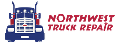 Blue and red truck logo with the words