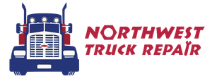 Blue and red truck logo with the words