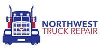 Blue, red, and white semi-truck logo with 