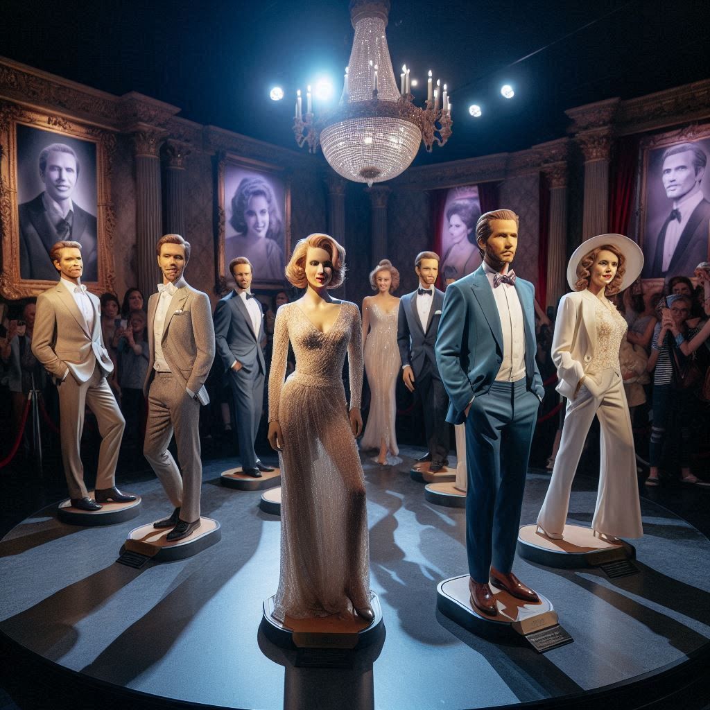 Un groupe de mannequins se tient debout dans une pièce avec des portraits sur le mur.