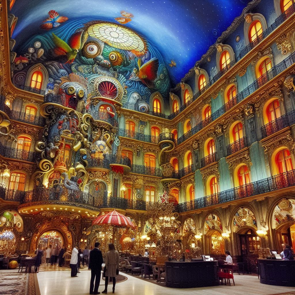 Un grand bâtiment avec un carrousel au milieu
