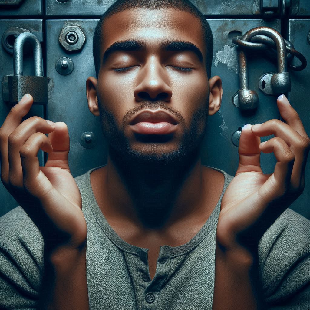 Un homme aux yeux fermés tient ses mains ensemble