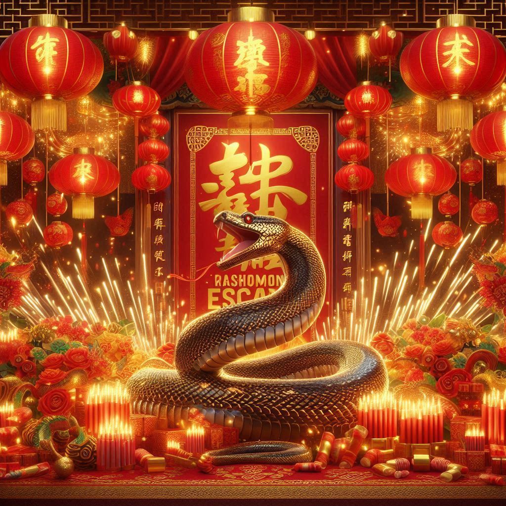 Un serpent est assis sur une table avec des bougies et des lanternes.